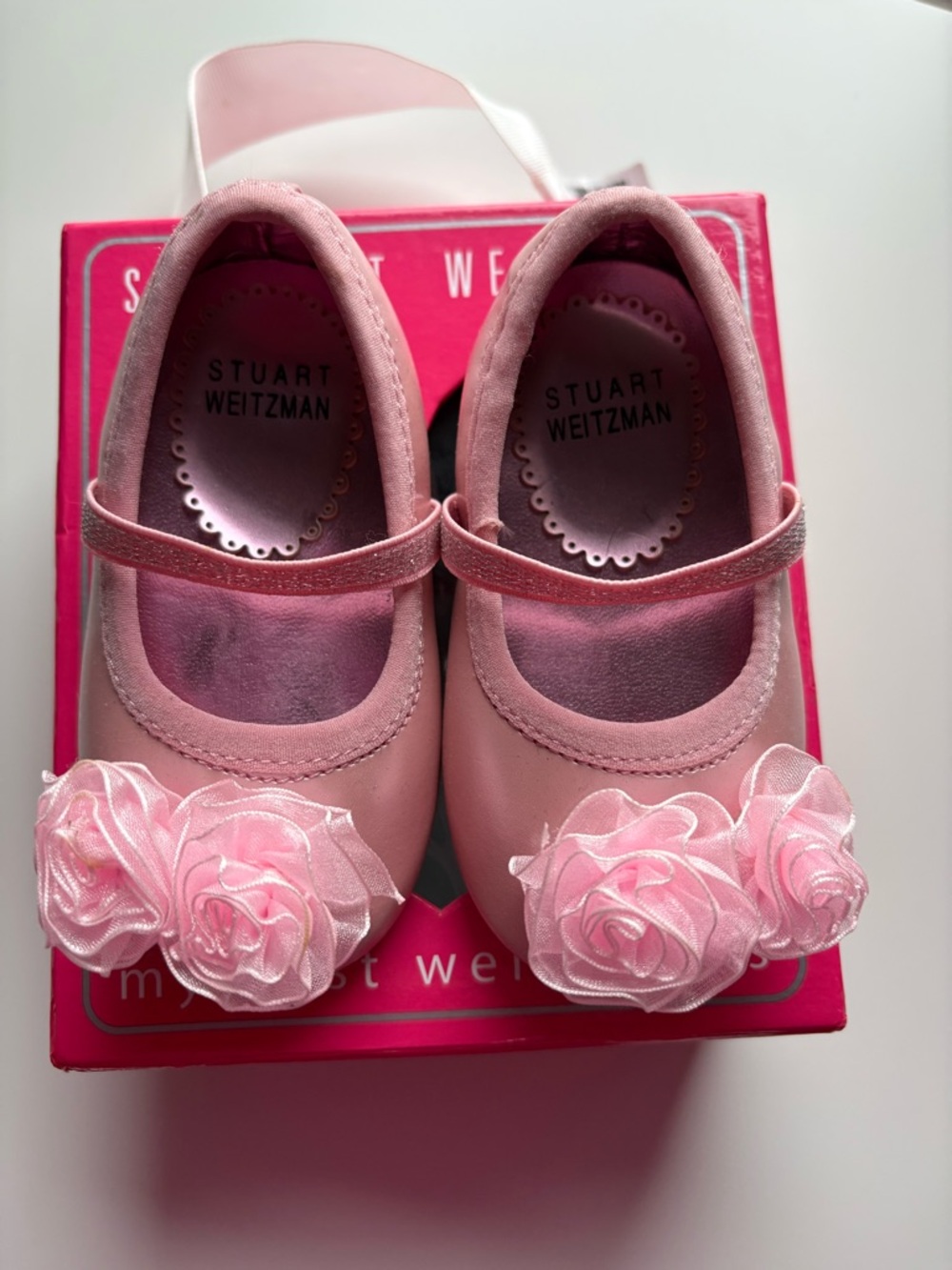 Stuart Weitzman Baby Pink Floral Rosette Mary Janes